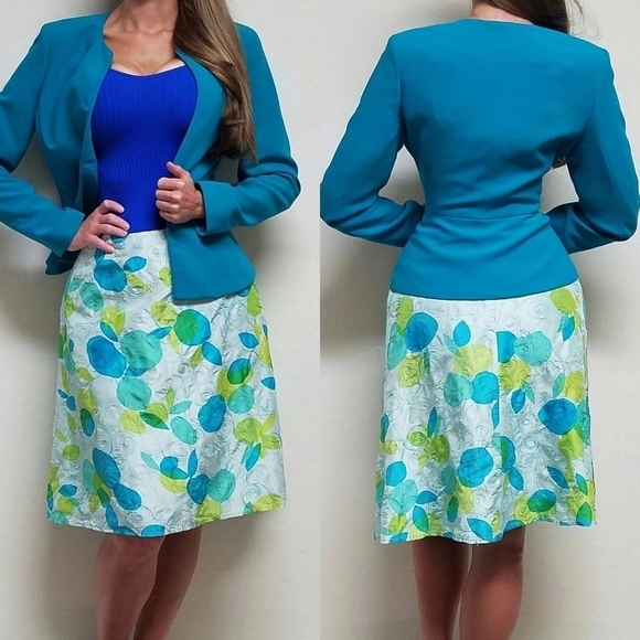 VINTAGE 90s Anne Klein Turquoise Blazer Abstract Silk A-line Skirt Set Outfit - Picture 1 of 16